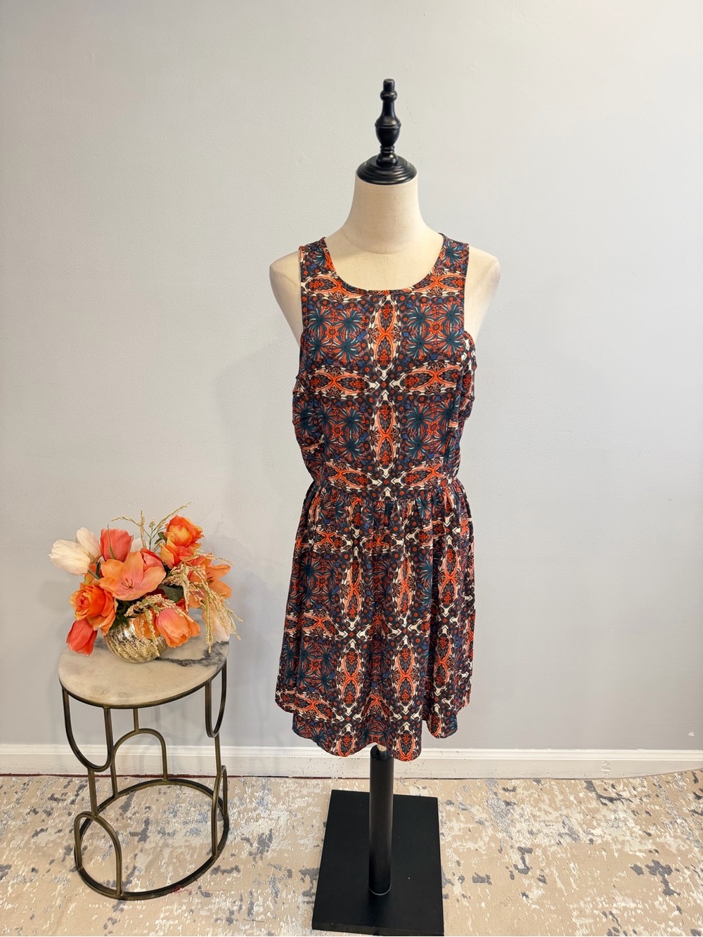 UP By Ultra Pink Orange & Navy Mosaic Print Sleeveless Dress - Size 12